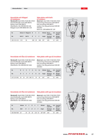 17 
Abstandhalter Yokes 5.2 
C 
www. .de 
Yoke plates with balls 
LP-Isolators 
Material: steel DIN 17100 EN 17025 
connecting dimensions DIN 48074 
bolt according DIN 48073 
surface: hot-dip galvanized DIN EN 
ISO1461 
balls acc. DIN 48064 IEC 120 
Herzstücke mit Klöppel 
LP-Isolatoren 
Werkstoff:Stahl DIN 17100 EN 17025 
Anschlußmaße nach DIN 48074 
Bolzen nach DIN 48073 
Oberfläche: tZn DIN EN ISO 146 
Klöppel nach DIN 48064 IEC 120 
Nr. Bolzen D Klöppel A B C E Winkel Nenn- Lth Gewicht 
kraft kN kg/Stk. 
No. Bolt D Ball A B C E Angie Nominal kA Weight 
Load kN kg/piece 
403 153 153 S 19 16 100 20 186 30¿ 120 13 2,00 
Yoke plates with eye LG-insulators 
Material: steel DIN 17100 EN 17025 
connecting dimensions DIN 48074 
bolt according DIN 48073 
surface: hot-dip galvanized DIN EN 
ISO1461 
Herzstücke mit Öse LG-Isolatoren 
Werkstoff: Stahl DIN 17100 EN 17025 
Anschlußmaße nach DIN 48074 
Bolzen nach DIN 48073 
Oberfläche: tZn DIN EN ISO 1461 
Nr. B C E F G C1 C2 Winkel Nenn- Lth Gewicht 
kraft kN kg/Stk. 
No. B C E F G C1 C2 Angie Nominal kA Weight 
Load kN kg/piece 
437 223 001 20 20 170 180 53 19 36 64¿ 120 32 4,80 
Yoke plates with eye LG-insulators 
Material: steel DIN 17100 EN 17025 
connecting dimensions DIN 48074 
bolt according DIN 48073 
surface: hot-dip galvanized DIN EN 
ISO1461 
Herzstücke mit Öse LG-Isolatoren 
Werkstoff: Stahl DIN 17100 EN 17025 
Anschlußmaße nach DIN 48074 
Bolzen nach DIN 48073 
Oberfläche: tZn DIN EN ISO 1461 
Nr. Bolzen B C D E F Winkel Nenn- Lth Gewicht 
kraft kN kg/Stk. 
No. Bolt B C D E F Angie Nominal kA Weight 
Load kN kg/piece 
403 964 964 19 20 19 20 210 53 30¿-80¿ 150 30 2,80 
E 
B 
A 
D 
C 
C1 
C2 
S19 
20 
E 
F 
G 
F 
E 
B 
D 
C 
17 
 