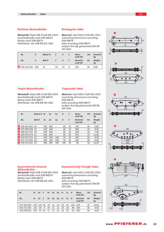 19 
Abstandhalter Yokes 5.2 
C 
D H 
A3 
A2 
A3 
19 H 
www. .de 
Rectangular Yokes 
Material: steel DIN 17100 EN 17025 
connecting dimensions according 
DIN 48074 
bolts according DIN 48073 
surface: hot-dip galvanized DIN EN 
ISO 1461 
Rechteck-Abstandhalter 
Werkstoff: Stahl DIN 17100 EN 17025 
Anschlußmaße nach DIN 48074 
Bolzen nach DIN 48073 
Oberfläche: tZn DIN EN ISO 1461 
Nr. A Bolzen D C H S Nenn- Lth Gewicht 
kraft kN kg 
No. A BoltD C H S Nominal kA Weight 
Load kN kg 
1 438 342 002 400 19 20 93 8 260 40 8,80 
D 
S 
A 
H 
C 
1 
Trapezoidal Yokes 
Material: steel DIN 17100 EN 17025 
connecting dimensions according 
DIN 48074 
bolts according DIN 48073 
surface: hot-dip galvanized DIN EN 
ISO 1461 
Trapez-Abstandhalter 
Werkstoff: Stahl DIN 17100 EN 17025 
Anschlußmaße nach DIN 48074 
Bolzen nach DIN 48073 
Oberfläche: tZn DIN EN ISO 1461 
Nr. Bolzen D A1 A2 A3 H C Nenn- Lth Gewicht 
kraft kN kg 
No. Bolt D A1 A2 A3 H C Nominal kA Weight 
Load kN kg 
436 467 001 19 500 400 - 80 20 250 40 6,80 
404 968 968 19 500 400 - 90 20 400 40 9,00 
409 567 567 19 600 400 - 80 20 200 40 7,40 
404 974 974 22 600 400 - 90 20 450 50 12,80 
410 021 021 22 500 200 100 70 20 200 50 8,00 
437 721 001 19 400 200 100 50 20 200 40 4,60 
2 
3 
3 
3 
4 
4 
5 436 432 001 19 800 400 500 100 20 60 40 10,00 
A1 
A2 
D 
S 
H 
A1 
A2 
S 
C 
A1 
A2 
H 
C 
D 
S 
A1 
29 
29° 
C 
2 
3 
4 
5 
Asymmetrically Triangle Yokes 
Material: steel DIN 17100 EN 17025 
connecting dimensions according 
DIN 48074 
bolts according DIN 48073 
surface: hot-dip galvanized DIN EN 
ISO 1461 
Asymmetrische Dreieck- 
Abstandhalter 
Werkstoff: Stahl DIN 17100 EN 17025 
Anschlußmaße nach DIN 48074 
Bolzen nach DIN 48073 
Oberfläche: tZn DIN EN ISO 1461 
Nr. A1 A2 S D1 D2 D3 C1 C2 H Nenn- Lth Gewicht 
kraft kN kg 
No. A1 A2 S D1 D2 D3 C1 C2 H Nominal kA Weight 
Load kN kg 
437 260 002 433 144 10 28 22 19 20 26 100 450 40 10,00 
436 351 001 250 84 8 30 22 22 20 26 84 240 40 4,50 
436 548 001 350 65 10 22 22 22 20 20 65 260 40 6,00 
A1 
A2 
D2 D3 
D1 
C1 C2 
S 
H 
 
