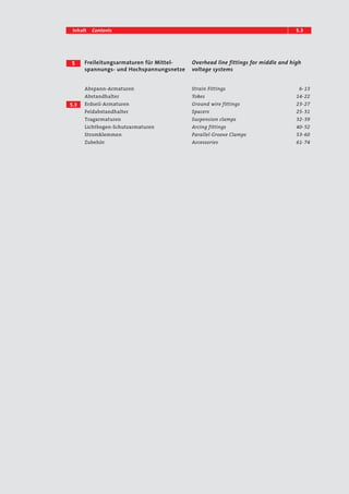 Inhalt Contents 5.13 
Freileitungsarmaturen für Mittel-spannungs- 
und Hochspannungsnetze 
Overhead line fittings for middle and high 
voltage systems 
5 
5.3 
Abspann-Armaturen 
Abstandhalter 
Erdseil-Armaturen 
Feldabstandhalter 
Tragarmaturen 
Lichtbogen-Schutzarmaturen 
Stromklemmen 
Zubehör 
Strain Fittings 6– 13 
Yokes 14– 22 
Ground wire fittings 23– 27 
Spacers 25– 31 
Suspension clamps 32– 39 
Arcing fittings 40– 52 
Parallel Groove Clamps 53– 60 
Accessories 61– 74 
 