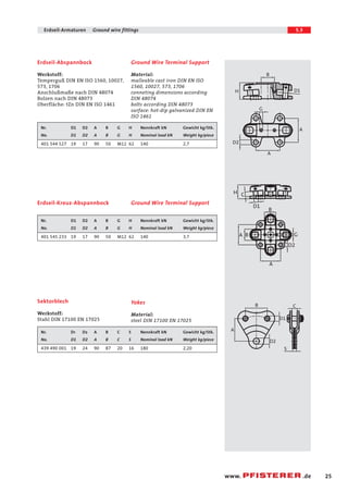 5.3 
D1 
www. .de 
25 
Erdseil-Armaturen Ground wire fittings 
Erdseil-Abspannbock 
Werkstoff: 
Temperguß DIN EN ISO 1560, 10027, 
573, 1706 
Anschlußmaße nach DIN 48074 
Bolzen nach DIN 48073 
Oberfläche: tZn DIN EN ISO 1461 
Ground Wire Terminal Support 
Material: 
malleable cast iron DIN EN ISO 
1560, 10027, 573, 1706 
conneting dimensions according 
DIN 48074 
bolts according DIN 48073 
surface: hot-dip galvanized DIN EN 
ISO 1461 
Nr. D1 D2 A B G H Nennkraft kN Gewicht kg/Stk. 
No. D1 D2 A B G H Nominal load kN Weight kg/piece 
401 544 527 19 17 90 50 M12 62 140 2,7 
Erdseil-Kreuz-Abspannbock Ground Wire Terminal Support 
Nr. D1 D2 A B G H Nennkraft kN Gewicht kg/Stk. 
No. D1 D2 A B G H Nominal load kN Weight kg/piece 
401 545 233 19 17 90 50 M12 62 140 3,7 
Yokes 
Material: 
steel DIN 17100 EN 17025 
Sektorblech 
Werkstoff: 
Stahl DIN 17100 EN 17025 
Nr. D1 D2 A B C S Nennkraft kN Gewicht kg/Stk. 
No. D1 D2 A B C S Nominal load kN Weight kg/piece 
439 490 001 19 24 90 87 20 16 180 2,20 
B 
H 
G 
A 
A 
D2 
G 
B 
C 
A B 
H 
A 
D2 
D1 
B 
A 
S 
C 
D1 
D2 
 