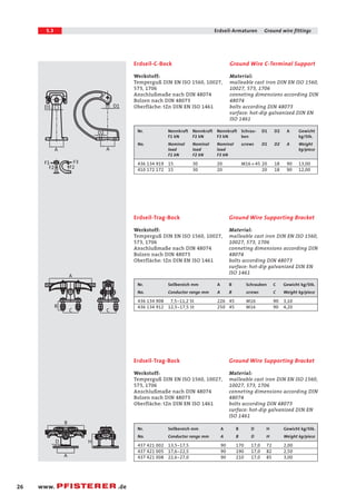 5.3 Erdseil-Armaturen Ground wire fittings 
D1 D1 Oberfläche: tZn DIN EN ISO 1461 
A A 
F1 F3 
F2 
26 www. .de 
Ground Wire C-Terminal Support 
Material: 
malleable cast iron DIN EN ISO 1560, 
10027, 573, 1706 
conneting dimensions according DIN 
48074 
bolts according DIN 48073 
surface: hot-dip galvanized DIN EN 
ISO 1461 
Ground Wire Supporting Bracket 
Material: 
malleable cast iron DIN EN ISO 1560, 
10027, 573, 1706 
conneting dimensions according DIN 
48074 
bolts according DIN 48073 
surface: hot-dip galvanized DIN EN 
ISO 1461 
Erdseil-C-Bock 
Werkstoff: 
Temperguß DIN EN ISO 1560, 10027, 
573, 1706 
Anschlußmaße nach DIN 48074 
Bolzen nach DIN 48073 
Erdseil-Trag-Bock 
Werkstoff: 
Temperguß DIN EN ISO 1560, 10027, 
573, 1706 
Anschlußmaße nach DIN 48074 
Bolzen nach DIN 48073 
Oberfläche: tZn DIN EN ISO 1461 
Nr. Seilbereich mm A B Schrauben C Gewicht kg/Stk. 
No. Conductor range mm A B screws C Weight kg/piece 
436 134 908 7,5-11,2 St 226 45 M16 90 3,10 
436 134 912 12,5-17,5 St 250 45 M16 90 4,20 
Ground Wire Supporting Bracket 
Material: 
malleable cast iron DIN EN ISO 1560, 
10027, 573, 1706 
conneting dimensions according DIN 
48074 
bolts according DIN 48073 
surface: hot-dip galvanized DIN EN 
ISO 1461 
Erdseil-Trag-Bock 
Werkstoff: 
Temperguß DIN EN ISO 1560, 10027, 
573, 1706 
Anschlußmaße nach DIN 48074 
Bolzen nach DIN 48073 
Oberfläche: tZn DIN EN ISO 1461 
Nr. Seilbereich mm A B D H Gewicht kg/Stk. 
No. Conductor range mm A B D H Weight kg/piece 
437 421 002 13,5-17,5 90 170 17,0 72 2,00 
437 421 005 17,6-22,5 90 190 17,0 82 2,50 
437 421 008 22,6-27,0 90 210 17,0 85 3,00 
A 
B 
C C 
B 
D 
A 
H 
Nr. Nennkraft Nennkraft Nennkraft Schrau- D1 D2 A Gewicht 
F1 kN F2 kN F3 kN ben kg/Stk. 
No. Nominal Nominal Nominal screws D1 D2 A Weight 
load load load kg/piece 
F1 kN F2 kN F3 kN 
436 134 919 15 30 20 M16 * 45 20 18 90 13,00 
410 172 172 15 30 20 20 18 90 12,00 
D2 
F2 
 