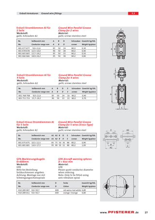 27 
Erdseil-Armaturen Ground wire fittings 5.3 
B 
www. .de 
Ground Wire Parallel Groove 
Clamp for 2 wires 
Material: 
galSi, screws stainless steel 
Ground Wire Parallel Groove 
Clamp for 4 wires 
Material: 
galSi, screws stainless steel 
Ground Wire Parallel Groove 
Clamp for 5 wires (Cross-Type) 
Material: 
galSi, screws stainless steel 
Erdseil-Stromklemmen Al für 
2 Seile 
Werkstoff: 
galSi, Schrauben A2 
Erdseil-Stromklemmen Al für 
4 Seile 
Werkstoff: 
galSi, Schrauben A2 
Erdseil-Kreuz-Stromklemmen Al 
für 5 Seile 
Werkstoff: 
galSi, Schrauben A2 
Nr. Seilbereich mm A1 A2 B D E Schrauben Gewicht kg/Stk. 
No. Conductor range mm A1 A2 B D E screws Weight kg/piece 
401 675 675 10,5-12,5 85 75 50 30 88 M12 0,90 
401 681 681 14,0-17,5 95 90 50 32 88 M12 1,00 
GFK Aircraft warning spheres 
D = 600 mm 
Material: 
GFK 
Please quote conductor diameter 
when ordering. 
Note: Only to be fitted using 
anti-vibration spiral 
GFK-Markierungskugeln 
D=600mm 
Werkstoff: 
GFK 
Bitte bei Bestellung 
Seildurchmesser angeben. 
Achtung: Montage nur mit 
Schwingungsschutzspirale 
Nr. Seilbereich mm D Farbe Gewicht kg/Stk. 
No. Conductor range mm D Colour Weight kg/piece 
410 289 007 9,0-50,7 600 rot-weiss/red-white 6,80 
410 289 011 9,0-50,7 600 orange /orange 6,80 
A2 
A1 
C 
E 
D 
Nr. Seilbereich mm A B D Schrauben Gewicht kg/Stk. 
No. Conductor range mm A B D screws Weight kg/piece 
401 677 677 9,0-11,6 85 50 24 M12 0,30 
401 678 678 12,5-14,0 90 50 28 M12 0,40 
401 665 665 15,7-19,2 95 50 33 M12 0,50 
401 666 666 18,9-24,2 95 50 38 M12 0,80 
Nr. Seilbereich mm A B D E Schrauben Gewicht kg/Stk. 
No. Conductor range mm A B D E screws Weight kg/piece 
401 708 708 9,0-11,6 85 50 24 16 M12 0,40 
401 711 711 15,7-19,2 90 50 33 22 M12 0,70 
C 
A B 
E 
A B 
C 
 