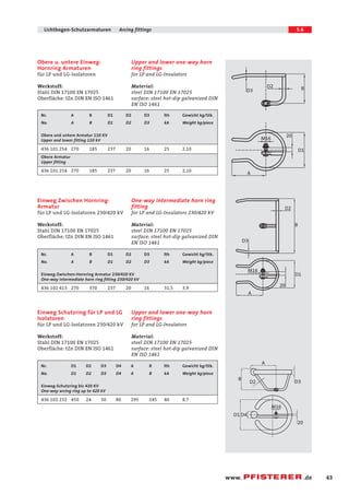 43 
Lichtbogen-Schutzarmaturen Arcing fittings 5.6 
B 
www. .de 
Upper and lower one-way horn 
ring fittings 
for LP and LG-Insulators 
Material: 
steel DIN 17100 EN 17025 
surface: steel hot-dip galvanized DIN 
EN ISO 1461 
Obere u. untere Einweg- 
Hornring Armaturen 
für LP und LG-Isolatoren 
Werkstoff: 
Stahl DIN 17100 EN 17025 
Oberfläche: tZn DIN EN ISO 1461 
One-way intermediate horn ring 
fitting 
for LP and LG-Insulators 230/420 kV 
Material: 
steel DIN 17100 EN 17025 
surface: steel hot-dip galvanized DIN 
EN ISO 1461 
Einweg Zwischen Hornring- 
Armatur 
für LP und LG-Isolatoren 230/420 kV 
Werkstoff: 
Stahl DIN 17100 EN 17025 
Oberfläche: tZn DIN EN ISO 1461 
Nr. A B D1 D2 D3 lth Gewicht kg/Stk. 
No. A B D1 D2 D3 kA Weight kg/piece 
Einweg-Zwischen-Hornring Armatur 230/420 KV 
One-way intermediate horn ring fitting 230/420 kV 
436 102 413 270 370 237 20 16 31,5 3,9 
Upper and lower one-way horn 
ring fittings 
for LP and LG-Insulators 
Material: 
steel DIN 17100 EN 17025 
surface: steel hot-dip galvanized DIN 
EN ISO 1461 
Einweg Schutzring für LP und LG 
Isolatoren 
für LP und LG-Isolatoren 230/420 kV 
Werkstoff: 
Stahl DIN 17100 EN 17025 
Oberfläche: tZn DIN EN ISO 1461 
Nr. D1 D2 D3 D4 A B lth Gewicht kg/Stk. 
No. D1 D2 D3 D4 A B kA Weight kg/piece 
Einweg-Schutzring bis 420 KV 
One-way arcing ring up to 420 kV 
436 102 232 450 24 50 80 295 245 40 8,7 
D3 
M16 
20 
D2 
D1 
A 
D2 
D3 
D1 
M16 
20 
A 
B 
A 
B 
D2 D3 
D1 D4 
M16 
20 
Nr. A B D1 D2 D3 lth Gewicht kg/Stk. 
No. A B D1 D2 D3 kA Weight kg/piece 
Obere und untere Armatur 110 KV 
Upper and lower fitting 110 kV 
436 101 254 270 185 237 20 16 25 2,10 
Obere Armatur 
Upper fitting 
436 101 254 270 185 237 20 16 25 2,10 
 