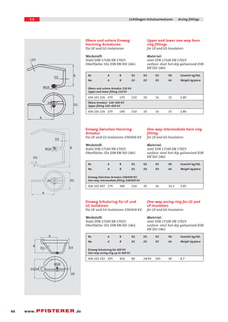 5.6 Lichtbogen-Schutzarmaturen Arcing fittings 
44 www. .de 
Upper and lower one-way horn 
ring fittings 
for LP and LG-Insulators 
Material: 
steel DIN 17100 EN 17025 
surface: steel hot-dip galvanized DIN 
EN ISO 1461 
Obere und untere Einweg- 
Hornring Armaturen 
für LP und LG-Isolatoren 
Werkstoff: 
Stahl DIN 17100 EN 17025 
Oberfläche: tZn DIN EN ISO 1461 
Nr. A B D1 D2 D3 lth Gewicht kg/Stk. 
No. A B D1 D2 D3 kA Weight kg/piece 
Obere und untere Armatur 110 KV 
Upper and lower fitting 110 kV 
436 101 226 270 170 210 20 16 25 2,80 
Obere Armatur 110-420 KV 
Upper fitting 110-420 kV 
436 101 226 270 190 210 20 16 25 2,80 
One-way intermediate horn ring 
fitting 
for LP and LG-Insulators 
Material: 
steel DIN 17100 EN 17025 
surface: steel hot-dip galvanized DIN 
EN ISO 1461 
Einweg Zwischen Hornring- 
Armatur 
für LP und LG Isolatoren 230/420 kV 
Werkstoff: 
Stahl DIN 17100 EN 17025 
Oberfläche: tZn DIN EN ISO 1461 
Nr. A B D1 D2 D3 lth Gewicht kg/Stk. 
No. A B D1 D2 D3 kA Weight kg/piece 
Einweg-Zwischen-Armatur 230/420 KV 
One-way intermediate fitting 230/420 kV 
436 102 407 270 380 210 20 16 31,5 3,95 
One-way arcing ring for LG and 
LP Insulators 
for LP and LG-Insulators 
Material: 
steel DIN 17100 EN 17025 
surface: steel hot-dip galvanized DIN 
EN ISO 1461 
Einweg Schutzring für LP und 
LG Isolatoren 
für LP und LG-Isolatoren 230/420 kV 
Werkstoff: 
Stahl DIN 17100 EN 17025 
Oberfläche: tZn DIN EN ISO 1461 
Nr. A B D1 D2 D3 lth Gewicht kg/Stk. 
No. A B D1 D2 D3 kA Weight kg/piece 
Einweg-Schutzring bis 420 KV 
One-way arcing ring up to 420 kV 
436 102 232 295 450 80 24/50 245 40 8,7 
D3 
D2 
M16 
20 
D1 
A 
B 
D2 
B 
A 
D3 
D1 
M16 
20 
D2 D3 
D1D4 
M16 
20 
B 
A 
 