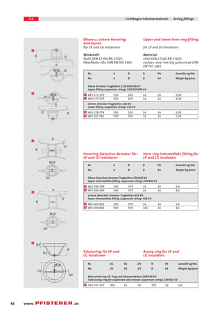 5.6 Lichtbogen-Schutzarmaturen Arcing fittings 
20 
A 
46 www. .de 
Upper and lower horn ring fitting 
for LP and LG-Insulators 
Material: 
steel DIN 17100 EN 17025 
surface: steel hot-dip galvanized DIN 
EN ISO 1461 
Obere u. untere Hornring- 
Armaturen 
für LP und LG Isolatoren 
Werkstoff: 
Stahl DIN 17100 EN 17025 
Oberfläche: tZn DIN EN ISO 1461 
Nr. A B D lth Gewicht kg/Stk. 
No. A B D kA Weight kg/piece 
Obere Armatur Tragketten 110/230/420 kV 
Upper fitting suspension strings 110/230/420 kV 
403 572 572 350 205 16 16 2,00 
403 573 573 550 205 16 16 2,30 
Untere Armatur Tragketten 110 kV 
Lower fitting suspension strings 110 kV 
403 578 578 350 205 16 16 2,00 
1 
1 
2 
2 403 581 581 550 205 16 16 2,30 
Horn ring intermediate fitting for 
LP and LG insulators 
Hornring-Zwischen-Armatur für- 
LP und LG Isolatoren 
Nr. A B D lth Gewicht kg/Stk. 
No. A B D kA Weight kg/piece 
Obere Zwischen Armatur Tragketten 230/420 kV 
Upper intermediate fitting suspension strings 230/420 kV 
403 599 599 350 370 16 16 3,6 
403 600 600 550 370 16 16 4,2 
untere Zwischen Armatur Tragketten 420 KV 
lower intermediate fitting suspension strings 420 kV 
403 603 603 350 370 16 16 3,6 
3 
3 
4 
4 403 604 604 550 370 161 16 4,2 
B 
A 
D 
M16 20 
d 
M16 
A 
D B 
M16 
B 
D 
20 
A 
D 
B 
M16 
20 
1 
2 
3 
4 
Arcing ring for LP and 
LG insulators 
Schutzring für LP und 
LG Isolatoren 
Nr. D1 D2 D3 B lth Gewicht kg/Stk. 
No. D1 D2 D3 B kA Weight kg/piece 
Rohrschutzring für Trag und Abspannketten 230/420 kV 
Tube arcing ring for suspension and tension suspension strings 230/420 kV 
5 436 101 553 450 16 50 235 16 6,0 
D2 
D3 
D1 
M16 
B 
20 
5 
 