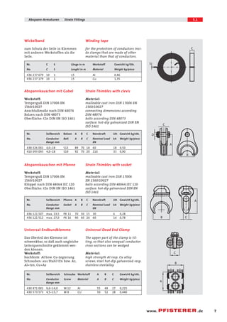 5.1 
www. .de 
7 
Abspann-Armaturen Strain Fittings 
Winding tape 
for the protection of conductors insi-de 
clamps that are made of other 
material than that of conductors. 
Wickelband 
zum Schutz der Seile in Klemmen 
mit anderen Werkstoffen als die 
Seile. 
Nr. C S Länge in m Werkstoff Gewicht kg/Stk. 
No. C S Lenght in m Material Weight kg/piece 
436 237 679 10 1 15 AI 0,46 
436 237 179 10 1 15 Cu 1,35 
Strain Thimbles with clevis 
Material: 
malleable cast iron DIN 17006 EN 
1560/10027 
connecting dimensions according 
DIN 48074 
bolts according DIN 48073 
surface: hot-dip galvanized DIN EN 
ISO 1461 
Abspannkauschen mit Gabel 
Werkstoff: 
Temperguß DIN 17006 EN 
1560/10027 
Anschlußmaße nach DIN 48074 
Bolzen nach DIN 48073 
Oberfläche: tZn DIN EN ISO 1461 
Nr. Seilbereich Bolzen A B C Nennkraft Lth Gewicht kg/stk. 
No. Conductor Bolt A B C Nominal Load kA Weight kg/piece 
Range mm kN 
438 026 001 4,0-18 S13 89 70 18 60 18 0,50 
410 093 093 4,0-18 S19 92 70 20 110 33 0,90 
Strain Thimbles with socket 
Material: 
malleable cast iron DIN 17006 
EN 1560/10027 
balls according DIN 48064 IEC 120 
surface: hot-dip galvanized DIN EN 
ISO 1461 
Abspannkauschen mit Pfanne 
Werkstoff: 
Temperguß DIN 17006 EN 
1560/10027 
Klöppel nach DIN 48064 IEC 120 
Oberfläche: tZn DIN EN ISO 1461 
Nr. Seilbereich Pfanne A B C Nennkraft Lth Gewicht kg/stk. 
No. Conductor Socket A B C Nominal Load kA Weight kg/piece 
Range mm kN 
436 121 507 max. 13,5 PK 11 70 50 15 30 6 0,28 
436 121 512 max. 17,0 PK 16 90 60 20 60 14 0,78 
Universal Dead End Clamp 
The upper part of the clamp is til-ting, 
so that also unequal conductor 
cross sections can be wedged 
Material: 
high strength Al resp. Cu alloy 
screws: steel hot-dip galvanized resp. 
stainless steelalloy 
Universal-Endbundklemme 
Das Oberteil der Klemme ist 
schwenkbar, so daß auch ungleiche 
Leiterquerschnitte geklemmt wer-den 
können. 
Werkstoff: 
hochfeste Al bzw. Cu-Legierung 
Schrauben: aus Stahl tZn bzw. A2, 
Al=tzn, Cu=A2 
Nr. Seilbereich Schraube Werkstoff A B C Gewicht kg/stk. 
No. Conductor Screw Material A B C Weight kg/piece 
Range mm 
430 871 001 9,0-14,0 M 12 AI 55 49 27 0,225 
430 573 573 4,5-15,7 M 8 CU 50 52 28 0,440 
 