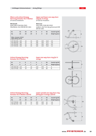 49 
Lichtbogen-Schutzarmaturen Arcing fittings 5.6 
20 
www. .de 
Upper and lower one-way horn 
ring for V-strings 
LP and LG-insulators 
Material: 
steel DIN 17100 EN 17025 
surface: steel hot-dip galvanized DIN 
EN ISO 1461 
Obere und untere Einweg- 
Hornring-Armatur für V-Ketten 
LP und LG-Isolatoren 
Werkstoff: 
Stahl DIN 17100 EN 17025 
Oberfläche: tZn DIN EN ISO 1461 
D2 
D3 
D1 
M16 
B 
R 
lower one-way horn ring for V-strings 
Untere Einweg-Hornring- 
Armatur für V-Ketten 
Lower outside one-way horn ring 
fitting for V-strings 110 kV 
Untere Einweg-Hornring- 
Armatur für V-Ketten 110 kV 
M16 
20 
H 
B 
L 
A 
D1 
D2 
78 
D3 B 
R 
Nr. D1 D2 D3 B R lth Gewicht kg/Stk. 
No. D1 D2 D3 B R kA Weight kg/piece 
Obere Armatur 110 kV 
Upper fitting 110 kV 
437 441 001 260 16 16 185 220 16,0 2,0 
437 440 001 260 22 16 185 220 31,5 2,8 
437 479 001 260 25 16 185 220 40,0 4,0 
437 478 001 260 28 20 185 220 50,0 5,0 
Nr. A B C H L lth Gewicht kg/Stk. 
No. A B C H L kA Weight kg/piece 
403 640 640 210 16 16 210 570 16 4 
410 175 001 210 16 25 222 570 40 8 
Nr. D1 D2 D3 B R lth Gewicht kg/Stk. 
No. D1 D2 D3 B R kA Weight kg/piece 
437 278 001 292 16 16 201 220 16 1,8 
436 462 001 292 25 16 201 220 40 3,8 
 