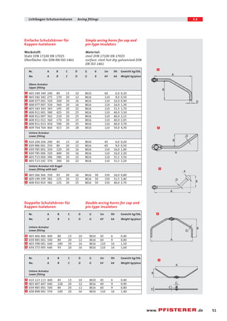 51 
Lichtbogen-Schutzarmaturen Arcing fittings 5.6 
www. .de 
Double arcing horns for cap and 
pin-type insulators 
1 
1 
1 
1 
1 
1 
1 
1 
1 
1 
2 
2 
2 
2 
2 
2 
3 
3 
Doppelte Schutzhörner für 
Kappen-Isolatoren 
Simple arcing horns for cap and 
pin-type insulators 
Material: 
steel DIN 17100 EN 17025 
surface: steel hot-dip galvanized DIN 
EN ISO 1461 
Einfache Schutzhörner für 
Kappen-Isolatoren 
Werkstoff: 
Stahl DIN 17100 EN 17025 
Oberfläche: tZn DIN EN ISO 1461 
A 
B 
D 
B 
D 
A 
Bild 3 
B 
K 
D 
A 
B 
D 
A 
A 
B 
D 
C 
G 
1 
2 
4 
5 
Nr. A B C D G K Un lth Gewicht kg/Stk. 
No. A B C D G K kV kA Weight kg/piece 
Obere Armatur 
Upper fitting 
403 349 349 200 80 13 10 M10 60 6,0 0,20 
403 342 342 275 170 20 12 M16 110 9,0 0,50 
408 077 001 320 200 20 16 M16 110 16,0 0,90 
408 077 007 320 360 20 16 M16 110 16,0 1,30 
403 343 343 365 195 20 22 M16 110 31,5 1,70 
408 911 001 380 425 20 25 M16 110 40,0 3,50 
408 911 007 362 210 20 25 M16 110 40,0 2,15 
408 911 012 360 170 20 25 M16 110 40,0 2,05 
408 911 013 450 590 20 25 M16 110 40,0 3,70 
409 764 764 460 415 20 28 M16 110 50,0 4,30 
Untere Armatur 
Lower fitting 
410 104 104 200 45 13 10 M10 45 6,0 0,20 
439 986 001 250 80 20 12 M16 60 9,0 0,50 
439 785 001 320 120 20 16 M16 110 16,0 1,00 
439 785 006 320 400 20 16 M16 110 16,0 2,20 
403 713 004 396 580 20 22 M16 110 31,5 3,50 
403 713 192 370 300 20 22 M16 110 31,5 2,20 
Untere Armatur mit Kugel 
Lower fitting with ball 
403 366 366 320 93 20 16 M16 30 150 16,0 0,80 
409 199 199 382 125 20 22 M16 50 150 31,5 2,40 
3 408 910 910 382 125 20 25 M16 50 150 40,0 2,70 
Nr. A B C D G Un lth Gewicht kg/Stk. 
No. A B C D G kV kA Weight kg/piece 
Untere Armatur 
Lower fitting 
403 406 406 400 80 13 10 M10 45 6 0,40 
439 985 001 500 80 20 12 M16 60 9 0,80 
403 398 001 640 180 20 16 M16 110 16 1,50 
4 
4 
4 
4 439 272 005 640 93 20 16 M16 110 16 1,60 
Nr. A B C D G Un lth Gewicht kg/Stk. 
No. A B C D G kV kA Weight kg/piece 
Untere Armatur 
Lower fitting 
410 113 113 400 45 13 10 M10 45 6 0,40 
403 407 407 640 128 20 12 M16 60 9 0,90 
439 985 001 500 80 20 12 M16 60 9 0,80 
5 
5 
5 
5 438 898 001 550 100 20 16 M16 110 16 1,40 
3 
 