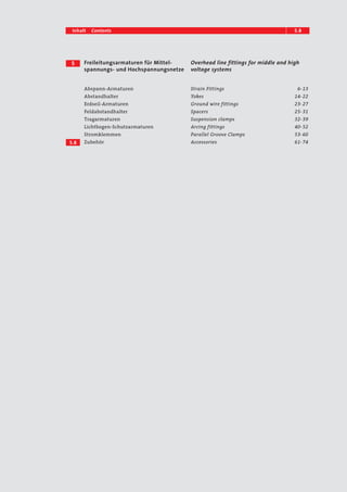 Inhalt Contents 5.18 
Freileitungsarmaturen für Mittel-spannungs- 
und Hochspannungsnetze 
Overhead line fittings for middle and high 
voltage systems 
5 
5.8 
Abspann-Armaturen 
Abstandhalter 
Erdseil-Armaturen 
Feldabstandhalter 
Tragarmaturen 
Lichtbogen-Schutzarmaturen 
Stromklemmen 
Zubehör 
Strain Fittings 6– 13 
Yokes 14– 22 
Ground wire fittings 23– 27 
Spacers 25– 31 
Suspension clamps 32– 39 
Arcing fittings 40– 52 
Parallel Groove Clamps 53– 60 
Accessories 61– 74 
 