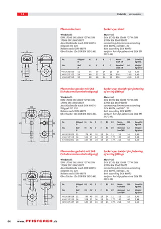 5.8 Zubehör Accessories 
D 
B 
C 
H 
E 
D1 
B3 
B1 
H1 
H2 
C E 
D 
H1 
H2 
B2 
B1 
C 
E C 
64 www. .de 
Socket eyes short 
Material: 
DIN 17200 EN 10083 *GTW DIN 
17006 EN 1560/10027 
connecting dimensions according 
DIN 48074, ball IEC 120 
bolt according DIN 48073 
surface: hot-dip galvanized DIN EN 
ISO 1461 
Pfannenöse kurz 
Werkstoff: 
DIN 17200 EN 10083 *GTW DIN 
17006 EN 1560/10027 
Anschlußmaße nach DIN 48074 
Klöppel IEC 120 
Bolzen nach DIN 48073 
Oberfläche: tZn DIN EN ISO 1461 
Nr. Klöppel H E B C Nenn- Lth Gewicht 
D kraft kN kg/Stk. 
No. Ball H E B C Nominal kA Weight 
D Load kN kg/piece 
*401 820 820 11 55 35 14 13 55 6,5 0,30 
405 322 322 16 69 52 20 19 130 14,0 0,90 
436 242 510 20 80 60 24 19 210 45,0 1,50 
Socket eyes straight for fastening 
of arcing fittings 
Material: 
DIN 17200 EN 10083 *GTW DIN 
17006 EN 1560/10027 
connecting dimensions according 
DIN 48074, ball IEC 120 
bolt according DIN 48073 
surface: hot-dip galvanized DIN EN 
ISO 1461 
Pfannenöse gerade mit SAB 
(Schutzarmaturenbefestigung) 
Werkstoff: 
DIN 17200 EN 10083 *GTW DIN 
17006 EN 1560/10027 
Anschlußmaße nach DIN 48074 
Klöppel IEC 120 
Bolzen nach DIN 48073 
Oberfläche: tZn DIN EN ISO 1461 
Nr. Klöppel H1 H2 E C B1 B3 Nenn- Lth Gewicht 
D kraft kN kg/Stk. 
No. Ball H1 H2 E C B1 B3 Nominal kA Weight 
D Load kN kg/piece 
401 823 823 11 78 42 35 13 14 11 55 16 0,40 
436 232 519 16 124 57 62 19 20 17,5 130 40 1,48 
435 001 001 20 135 69 24 19 24 17,5 210 50 1,60 
Socket eyes twistet for fastening 
of arcing fittings 
Material: 
DIN 17200 EN 10083 *GTW DIN 
17006 EN 1560/10027 
connecting dimensions according 
DIN 48074, ball IEC 120 
bolt according DIN 48073 
surface: hot-dip galvanized DIN EN 
ISO 1461 
Pfannenöse gedreht mit SAB 
(Schutzarmaturenbefestigung) 
Werkstoff: 
DIN 17200 EN 10083 *GTW DIN 
17006 EN 1560/10027 
Anschlußmaße nach DIN 48074 
Klöppel IEC 120 
Bolzen nach DIN 48073 
Oberfläche: tZn DIN EN ISO 1461 
Nr. Klöppel H1 H2 E C B1 B3 Nenn- Lth Gewicht 
D kraft kN kg/Stk. 
No. Ball H1 H2 E C B1 B3 Nominal kA Weight 
D Load kN kg/piece 
401 829 829 11 80 40 35 13 14 11 55 16 0,40 
436 232 520 16 128 57 56 19 20 17,5 130 40 1,44 
405 347 347 20 145 69 65 19 24 17,5 210 50 2,10 
 