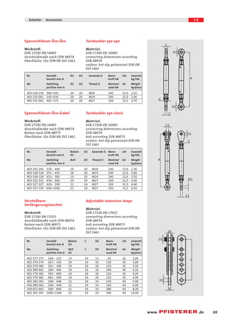 69 
Zubehör Accessories 5.8 
D1 
www. .de 
Turnbuckles eye-eye 
Material: 
DIN 17200 EN 10083 
connecting dimensions according 
DIN 48074 
surface: hot-dip galvanized DIN EN 
ISO 1461 
Spannschlösser Öse-Öse 
Werkstoff: 
DIN 17200 EN 10083 
Anschlußmaße nach DIN 48074 
Oberfläche: tZn DIN EN ISO 1461 
Nr. Verstell- D1 D2 Gewinde G Nenn- Lth Gewicht 
bereich mm A kraft kN kg/Stk. 
No. Switching D1 D2 Thread G Nominal kA Weight 
position mm A Load kN kg/piece 
403 236 236 300-420 20 20 M20 160 15,0 2,10 
403 335 001 330-430 20 20 M24 240 22,0 2,40 
403 331 001 405-575 20 20 M27 320 31,5 3,70 
C 
A 
G 
C 
D1 
D2 
Turnbuckles eye-clevis 
Material: 
DIN 17200 EN 10083 
connecting dimensions according 
DIN 48074 
bolt according DIN 48073 
surface: hot-dip galvanized DIN EN 
ISO 1461 
Spannschlösser Öse-Gabel 
Werkstoff: 
DIN 17200 EN 10083 
Anschlußmaße nach DIN 48074 
Bolzen nach DIN 48073 
Oberfläche: tZn DIN EN ISO 1461 
Nr. Verstell- Bolzen D2 Gewinde G Nenn- Lth Gewicht 
bereich mm A D1 kraft kN kg/Stk. 
No. Switching Bolt D2 Thread G Nominal kA Weight 
position mm A Load kN kg/piece 
403 243 243 320- 440 19 20 M20 160 15,0 2,30 
403 328 329 355- 455 19 20 M24 240 22,0 3,00 
403 328 328 415- 585 19 20 M24 240 22,0 3,50 
403 332 332 430- 600 19 20 M27 320 31,5 4,30 
403 327 327 420- 590 22 24 M27 320 31,5 4,40 
403 327 330 640-1040 22 24 M27 320 31,5 6,50 
A 
G 
C2 
D2 
C1 
Adjustable extension straps 
Material: 
DIN 17100 EN 17025 
connecting dimensions according 
DIN 48074 
bolt according DIN 48073 
surface: hot-dip galvanized DIN EN 
ISO 1461 
Verstellbare- 
Verlängerungslaschen 
Werkstoff: 
DIN 17100 EN 17025 
Anschlußmaße nach DIN 48074 
Bolzen nach DIN 48073 
Oberfläche: tZn DIN EN ISO 1461 
Nr. Verstell- Bolzen S D2 Nenn- Lth Gewicht 
bereich mm A D1 kraft kN kg/Stk. 
No. Switching Bolt S D2 Nominal kA Weight 
position mm A D1 Load kN kg/piece 
402 377 377 160- 232 13 14 13 65 16 1,00 
402 379 379 267- 336 19 19 20 120 36 3,00 
402 379 380 291- 390 19 19 20 120 36 3,50 
436 089 001 290- 440 19 19 20 240 40 4,20 
402 379 381 391- 490 19 19 20 120 36 4,20 
402 379 382 491- 590 19 19 20 120 36 4,90 
402 383 383 268- 448 22 19 24 230 44 5,00 
436 090 001 290- 440 22 19 24 160 44 6,00 
439 852 002 500- 840 22 19 24 280 44 8,20 
402 391 391 1000-1500 22 19 24 300 44 14,00 
D1 
20 
D2 
S 
L 
 