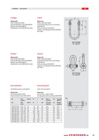 73 
Zubehör Accessories 5.8 
www. .de 
U-Bolt 
Material: 
DIN 17200 EN 10083 
connecting dimensions according 
DIN 48074 
bolt according DIN 48073 
surface: hot-dip galvanized DIN EN 
ISO 1461 
U-Bügel 
Werkstoff: 
DIN 17200 EN 10083 
Anschlußmaße nach DIN 48074 
Bolzen nach DIN 48073 
Oberfläche: tZn DIN EN ISO 1461 
G 
A 
B2 
B1 
D1 
20 
D2 
H 
B 
Auf Anfrage 
On request 
Auf Anfrage 
On request 
SW 
KL 
L 
D 
Shackle 
Material: 
DIN 17200 EN 10083 
connecting dimensions according 
DIN 48074 
bolt according DIN 48073 
surface: hot-dip galvanized DIN EN 
ISO 1461 
Connecting bolt 
with nut and splint 
Material: 
steel 8.8 acc. DIN 17200 
hot dip galvanized according DIN 50976 
Schäkel 
Werkstoff: 
DIN 17200 EN 10083 
Anschlußmaße nach DIN 48074 
Bolzen nach DIN 48073 
Oberfläche: tZn DIN EN ISO 1461 
Schraubbolzen 
mit Rillenmutter und Splint 
Werkstoff: 
St 8.8 nach DIN 17200 
feuerverzinkt nach DIN 50976 
Nr. Kurz- Bolzen Kl L SW Nenn- Lth Gewicht 
zeichen kraft kN kg/Stk. 
No. Refe- Bolt D Kl L SW Nominal kA Weight 
rence Load kN kg/piece 
406 410 410 S19- 52 19 52 68 24 270 40 0,21 
406 410 411 S19- 48 19 48 64 24 270 40 0,2 
406 410 413 S19- 44 19 44 60 24 270 40 0,19 
406 410 418 S19-187 19 187 203 24 270 40 0,51 
406 410 419 S19-163 19 163 163 24 270 40 0,46 
406 380 381 S22- 52 22 52 68 27 370 53 0,26 
406 380 411 S22- 48 22 48 64 27 370 53 0,25 
406 380 413 S22- 44 22 44 60 27 370 53 0,24 
406 380 418 S22-187 22 187 203 27 370 53 
406 380 419 S22-147 22 147 163 27 370 53 
 
