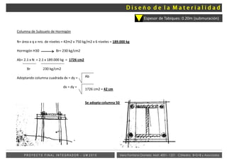 Vera Fontana Daniela Mat: 4001- 1221 Cátedra: B+S+B y AsociadosP R O Y E C T O F I N A L I N T E G R A D O R - U M 2 0 1 5
Espesor de Tabiques: 0.20m (submuración)
Columna de Subsuelo de Hormigón
N= área x q x nro. de niveles = 42m2 x 750 kg/m2 x 6 niveles = 189.000 kg
Hormigón H30 Br= 230 kg/cm2
Ab= 2.1 x N = 2.1 x 189.000 kg = 1726 cm2
Br 230 kg/cm2
Adoptando columna cuadrada dx = dy =
dx = dy =
Ab
1726 cm2 = 42 cm
Se adopta columna 50 x 50
ñ
 