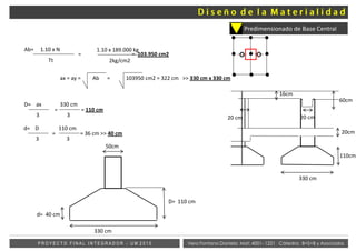 Vera Fontana Daniela Mat: 4001- 1221 Cátedra: B+S+B y AsociadosP R O Y E C T O F I N A L I N T E G R A D O R - U M 2 0 1 5
Predimensionado de Base Central
Ab= 1.10 x N
Tt
=
1.10 x 189.000 kg
2kg/cm2
= 103.950 cm2
ax = ay = Ab = 103950 cm2 = 322 cm >> 330 cm x 330 cm
D= ax 330 cm
3 3
= = 110 cm
d= D 110 cm
3 3
= = 36 cm >> 40 cm
d= 40 cm
D= 110 cm
50cm
330 cm
20 cm
16cm
60cm
110cm
20cm
20 cm
330 cm
ñ
 