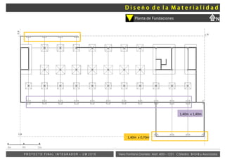 Vera Fontana Daniela Mat: 4001- 1221 Cátedra: B+S+B y AsociadosP R O Y E C T O F I N A L I N T E G R A D O R - U M 2 0 1 5
Planta de Fundaciones
L.M
E.M
E.M
0m 6m 12m
1,40m x 1,40m
1,40m x 0,70m
N
ñ
 