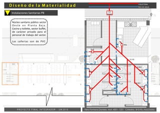 Vera Fontana Daniela Mat: 4001- 1221 Cátedra: B+S+B y AsociadosP R O Y E C T O F I N A L I N T E G R A D O R - U M 2 0 1 5
Instalaciones Sanitarias PB
Núcleo sanitario público sector
O e s t e e n P l a n t a B a j a .
Cocina y toilette, sector buffet,
de carácter privado para el
personal de trabajo del sector.
Las cañerias son de PVC.
C.I
60X60
ñ COLECTORA
RED DE AGUA
PPA
PPA
PPA
PPA
PPA
PPA
LLP
LLP
LLP
LLP
0.040
0.040
0.063
0.110
0.063
0.110
N
 