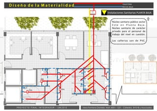 Vera Fontana Daniela Mat: 4001- 1221 Cátedra: B+S+B y AsociadosP R O Y E C T O F I N A L I N T E G R A D O R - U M 2 0 1 5
Instalaciones Sanitarias PLANTA BAJA
Núcleo sanitario público sector
E s t e e n P l a n t a B a j a .
Núcleo sanitario de carácter
privado para el personal de
trabajo del nivel en cuestión.
Las cañerias son de PVC.
ñ
C.I
60X60
COLECTORA
RED DE AGUA
LLP
LLP
LLP
LLP
PPA
PPA
PPA
PPA
PPA
PPA
N
 