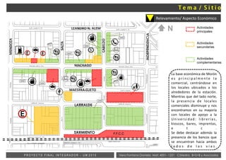 La base económica de Morón
e s p r i n c i p a l m e n t e l a
comercial, centrándose en
los locales ubicados a los
alrededores de la estación.
Mientras que del lado norte,
la presencia de locales
comerciales disminuye y nos
encontramos en su mayoría
con locales de apoyo a la
Universidad: librerías,
kioscos, bares, imprentas,
e t c .
Se debe destacar además la
presencia de los bancos que
se encuentran hacia ambos
l a d o s d e l a s v í a s .
Actividades
principales
Actividades
secundarias
Actividades
complementarias
MAESTRA CUETO
SALTA
F.F.C.C
$
Vera Fontana Daniela Mat: 4001- 1221 Cátedra: B+S+B y AsociadosP R O Y E C T O F I N A L I N T E G R A D O R - U M 2 0 1 5
Relevamiento/ Aspecto Económico
LEANDRO N. ALEM
MACHADO
LARRALDE
MENDOZA
INDEPENDENCIA
SARMIENTO
CABILDO
N
 