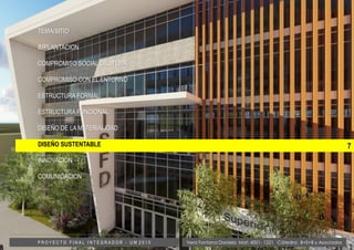 7
TEMA/SITIO
IMPLANTACION
COMPROMISO SOCIAL DEL TEMA
COMPROMISO CON EL ENTORNO
ESTRUCTURA FORMAL
ESTRUCTURA FUNCIONAL
DISEÑO DE LA MATERIALIDAD
DISEÑO SUSTENTABLE
INNOVACIÓN
COMUNICACION
Vera Fontana Daniela Mat: 4001- 1221 Cátedra: B+S+B y AsociadosP R O Y E C T O F I N A L I N T E G R A D O R - U M 2 0 1 5
 