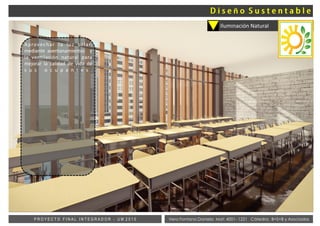 Vera Fontana Daniela Mat: 4001- 1221 Cátedra: B+S+B y AsociadosP R O Y E C T O F I N A L I N T E G R A D O R - U M 2 0 1 5
Iluminación Natural
Aprovechar la luz solar,
mediante aventanamientos y
la ventilación natural para
mejorar la calidad de vida de
s u s o c u p a n t e s .
ñ
 