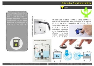 Vera Fontana Daniela Mat: 4001- 1221 Cátedra: B+S+B y AsociadosP R O Y E C T O F I N A L I N T E G R A D O R - U M 2 0 1 5
Agua
Ahorro de agua. Desarrollo de
sistema para optimizar el uso
d e l a g u a c o r r i e n t e .
Energías renovables. Que sean
respetuosas con el medio
ambiente y contaminar lo
m e n o s p o s i b l e .
I N O D O R O S D O B L E C A R G A ( 3 / 6 L I T R O S ) :
Con el 30% del consumo diario, el inodoro es el segundo
p u e s t o d e m á s c o n s u m o d e a g u a j u s t o .
Adoptando hábitos de
c o n s u m o
ahorradores y teniendo
u n a i n s t a l a c i ó n
eficiente se podría
reducir este consumo
e n u n 5 0 % .
LAVABOSCONCORTEAUTOMATICO
ñ
 