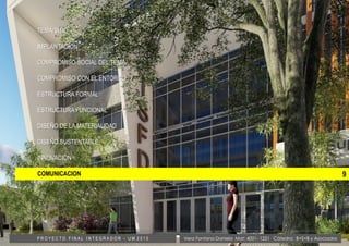 9
TEMA/SITIO
IMPLANTACION
COMPROMISO SOCIAL DEL TEMA
COMPROMISO CON EL ENTORNO
ESTRUCTURA FORMAL
ESTRUCTURA FUNCIONAL
DISEÑO DE LA MATERIALIDAD
DISEÑO SUSTENTABLE
INNOVACIÓN
COMUNICACION
Vera Fontana Daniela Mat: 4001- 1221 Cátedra: B+S+B y AsociadosP R O Y E C T O F I N A L I N T E G R A D O R - U M 2 0 1 5
 