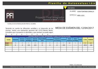 Variables
Teniendo en cuenta las diferentes variables y el desarrollo de las
mismas, realizo una evaluación personal del I.S.F.D Morón Norte.
Considero que el proyecto es admisible, y que siempre se puede seguir
m e j o r a n d o .
Vera Fontana Daniela Mat: 4001- 1221 Cátedra: B+S+B y AsociadosP R O Y E C T O F I N A L I N T E G R A D O R - U M 2 0 1 5
3 3 2,5 2,5 3 3 3 2,5 ----- ------ ------ 22,5 2,8
VERA FONTANA DANIELA
4001-1221
 