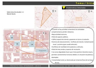 Vera Fontana Daniela Mat: 4001- 1221 Cátedra: B+S+B y AsociadosP R O Y E C T O F I N A L I N T E G R A D O R - U M 2 0 1 5
Problemáticas Detectadas
Sobre área de estudio >>>
Morón Norte
N N
N
UM
UM UM
Escuela Primaria
SALTA
LARRALDE
CABILDO
MACHADO
• Cuando no hay actividad universitaria las actividades
complementarias pierden relevancia.
•Baja actividad nocturna.
•Falta de espacios públicos.
• Déficit espacial de tránsito y peatones en torno a la estación.
•Carencia de estacionamiento. Conflictos de tránsito. Contaminación
visual y acústica (gran caudal vehicular).
•Conflictos de movilidad entre peatones y vehículos.
•Falta de áreas verdes y espacios de recreación.
• Las zonas degradadas hacen que el área pierda el atractivo visual y
permiten asentamientos humanos debido a la situación de pobreza y
desempleo.
• Conectividad norte sur disminuida por la barrera física de las líneas
férreas.
 
