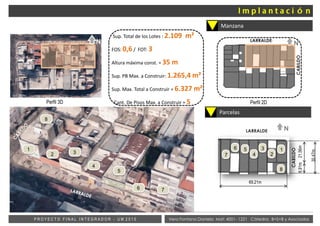 Vera Fontana Daniela Mat: 4001- 1221 Cátedra: B+S+B y AsociadosP R O Y E C T O F I N A L I N T E G R A D O R - U M 2 0 1 5
Manzana
N
Sup. Total de los Lotes : 2.109 m²
FOS: 0,6/ FOT: 3
Altura máxima const. = 35 m
Sup. PB Max. a Construir: 1.265,4 m²
Sup. Max. Total a Construir = 6.327 m²
Cant. De Pisos Max. a Construir = 5
LARRALDE
CABILDO
Perfil 2D
NLARRALDE
1
2
3
4
56
7
8
CABILDO
69,21m
30,47m
1
2 3
4
5
6 7
8
21,56m8,91m
N
Parcelas
Perfil 3D
 