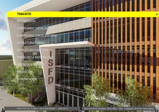 >TEMA/SITIO
IMPLANTACION
COMPROMISO SOCIAL DEL TEMA
COMPROMISO CON EL ENTORNO
ESTRUCTURA FORMAL
ESTRUCTURA FUNCIONAL
DISEÑO DE LA MATERIALIDAD
DISEÑO SUSTENTABLE
INNOVACIÓN
COMUNICACION
Vera Fontana Daniela Mat: 4001- 1221 Cátedra: B+S+B y AsociadosP R O Y E C T O F I N A L I N T E G R A D O R - U M 2 0 1 5
 