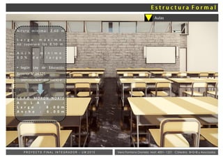 Vera Fontana Daniela Mat: 4001- 1221 Cátedra: B+S+B y AsociadosP R O Y E C T O F I N A L I N T E G R A D O R - U M 2 0 1 5
Aulas
Altura mínima : 2.60 m
L a r g o m á x i m o :
no superará los 8,50 m.
A n c h o m í n i m o :
6 0 % d e l l a r g o .
• Según Ley de Educación
Superior N° 24.521.
DISPOSICIÓN N°: 659- ANEXO V
I.S.F.D. MORON NORTE
A U L A S :
L a r g o : 8 . 0 0 m
A n c h o : 6 . 0 0 m
 