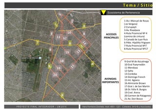 MENDOZA
INDEPENDENCIAECOSISTEMADE
PERMANENCIA
ACCESOS
PRINCIPALES
1-Av J Manuel de Rosas
( ex Vergara)
2-Curupayti
3-Av. Rivadavia
4-Ruta Provincial Nº 4
(camino de cintura)
5-Canadá de Juan Ruiz
6-Pdte. Hipólito Yrigoyen
7-Ruta Provincial Nº7
8-Ruta Provincial Nº17
AVENIDAS
IMPORTANTES
9-Gral M de Azcuénaga
10-Gral Pueyrredón
11-Mendoza
12-Salta
13-Cordoba
14-Domingo French
15-Int. Agüero
16-Almirante Brown
17-Gral J. de San Martín
18-Dr. Félix R. Burgos
19-Cnel. Arena
20-Carmen de Patagones
21-Av. Don Bosco
Vera Fontana Daniela Mat: 4001- 1221 Cátedra: B+S+B y AsociadosP R O Y E C T O F I N A L I N T E G R A D O R - U M 2 0 1 5
Ecosistema de Pertenencia
 