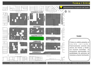 El área en análisis presenta un
t e j i d o c e r r a d o .
Prácticamente carente de
retiros de frente y fondo.
Las escasas viviendas se
encuentren aprisionadas sin
posibilidades de pulmones de
manzanas y buena iluminación.
TEJIDO
Vera Fontana Daniela Mat: 4001- 1221 Cátedra: B+S+B y AsociadosP R O Y E C T O F I N A L I N T E G R A D O R - U M 2 0 1 5
Relevamiento/ Ocupación del Suelo
LEANDRO N. ALEM
MACHADO
LARRALDE
MENDOZA
SALTA
INDEPENDENCIA
SARMIENTO
MAESTRA CUETO
CABILDO
N
 