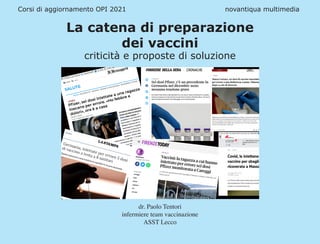 Corsi di aggiornamento OPI 2021					 novantiqua multimedia
La catena di preparazione
dei vaccini
criticità e proposte di soluzione
dr. Paolo Tentori
infermiere team vaccinazione
ASST Lecco
 