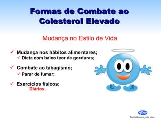 Formas de Combate ao Colesterol Elevado Mudança nos hábitos alimentares; Dieta com baixo teor de gorduras; Combate ao tabagismo; Parar de fumar; Exercícios físicos; Diários.  Mudança no Estilo de Vida 