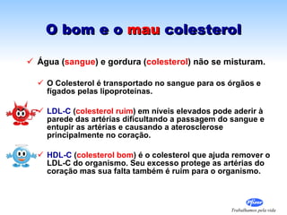 O bom e o  mau  colesterol Água ( sangue ) e gordura ( colesterol ) não se misturam. O Colesterol é transportado no sangue para os órgãos e fígados pelas lipoproteínas.  LDL-C  ( colesterol ruim ) em níveis elevados pode aderir à parede das artérias dificultando a passagem do sangue e entupir as artérias e causando a aterosclerose principalmente no coração. HDL-C  ( colesterol bom ) é o colesterol que ajuda remover o LDL-C do organismo. Seu excesso protege as artérias do coração mas sua falta também é ruim para o organismo. 