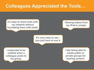 Colleagues Appreciated the Tools…
I like being able to
create public or
private groups for
sharing content.
It’s easy to share links with
my network without
inundating them with email.
I subscribe to be
notified when a
colleague posts to
my group.
Viewing videos from
my iPad is simple.
It’s very easy to use –
you just have to use it.
 