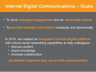 Internal Digital Communications – Goals
• To drive colleague engagement and an ownership culture
• To provide strategic information creatively and dynamically
In 2014, we created an integrated internal digital platform
with robust social networking capabilities to help colleagues:
• discuss content
• share knowledge
• increase collaboration
…via familiar channels they use in their personal lives
 