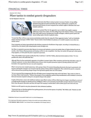 Pfizer Tactics To Combat Generic Drugmakers   Financial Times   Dec 5, 2011