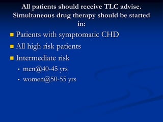 Therapeutic lifestyle change is the cornerstone of the management of hyperlipidemia and dyslipidemia? LDL-C with AHA diet: ~ 5%Response variability: familial/geneticHypocaloric diets in overweight & obese