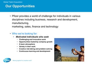 Our Opportunities Pfizer provides a world of challenge for individuals in various  disciplines including business, research and development, manufacturing,  marketing, sales, finance and technology Who we’re looking for: Motivated individuals who seek Challenging and innovative work Opportunities fueled by company growth A team atmosphere Variety in their work Creative risk-taking and problem solving Continuous learning and development 