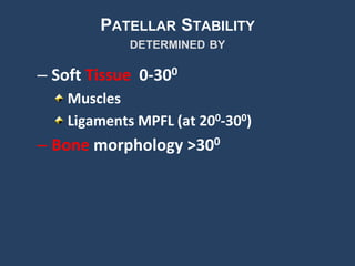 PATELLAR STABILITY
DETERMINED BY
– Soft Tissue 0-300
Muscles
Ligaments MPFL (at 200-300)
– Bone morphology >300
 