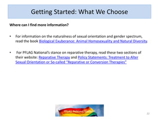 Getting Started: What We Choose
Where can I find more information?
• For information on the naturalness of sexual orientation and gender spectrum,
read the book Biological Exuberance: Animal Homosexuality and Natural Diversity.
• For PFLAG National’s stance on reparative therapy, read these two sections of
their website: Reparative Therapy and Policy Statements: Treatment to Alter
Sexual Orientation or So-called “Reparative or Conversion Therapies”
22
 