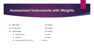 Assessment Instruments with Weights
 Mid Term 25 marks
 Final Term 50 marks
 Sessionals 25 marks
 Assignments 5 marks
 Quizzes 10 marks
 Presentation/Project Viva 10 marks
 