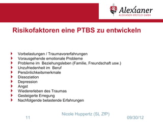 Risikofaktoren eine PTBS zu entwickeln


   Vorbelastungen / Traumavorerfahrungen
   Vorausgehende emotionale Probleme
   Probleme im Beziehungsleben (Familie, Freundschaft usw.)
   Unzufriedenheit im Beruf
   Persönlichkeitsmerkmale
   Dissoziation
   Depression
   Angst
   Wiedererleben des Traumas
   Gesteigerte Erregung
   Nachfolgende belastende Erfahrungen


                           Nicole Huppertz (SL ZfP)
        11                                                     09/30/12
 