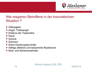 Wie reagieren Betroffene in der traumatischen
Situation ?
Hilflosigkeit
Angst, Todesangst
Erlebnis der Todesnähe
Panik
Schock
Schmerz
Keine Handlungskontrolle
Heftige affektive und körperliche Reaktionen
Ekel- und Schamempfinden



                          Nicole Huppertz (SL ZfP)
        12                                           09/30/12
 