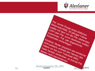 Pat
                             .
                     Mo wurde
                           t
                    pra orradu Zeug
                         l         n         e
                  LKWlte mit falls, eines
                                            3
                 zus (den dem v 0 jäh tödlic
                     a                    o         r          h
               Kör mme Pat. z r der iger Fa en
                    per        n        u         P
                         teile , Pat. vor üb at. ste hrer
             Kin                um sah            e          h
            nich
                 dh e
                      it           her       abg rholen enden
                 t pr : Mutt           lieg       e
           Vat                              en trenn wollte
               ers äsent, er phy                           te       )
          Vat                           s
              er b vor bis enthie isch w
        die
            sen ereits zum lt den ie em
                 nich vers Tote                Nam otio
                                                               nal
                      t ke       torb nbe             en
                             nne     e         tt         de
                                 nle n, so k 2003, s
                                    rne         onn
                                         n            te P
                                                           at.
     NicoleHuppertz
            Huppertz (SL ZfP)                              26.08.2012
14                                                 09/30/12
 