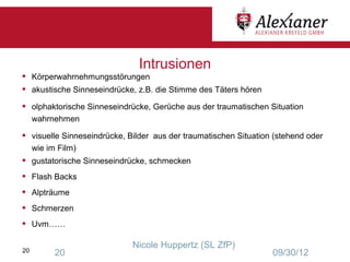 Intrusionen
•    Körperwahrnehmungsstörungen
•    akustische Sinneseindrücke, z.B. die Stimme des Täters hören

•    olphaktorische Sinneseindrücke, Gerüche aus der traumatischen Situation
     wahrnehmen

•    visuelle Sinneseindrücke, Bilder aus der traumatischen Situation (stehend oder
     wie im Film)
•    gustatorische Sinneseindrücke, schmecken

•    Flash Backs
•    Alpträume

•    Schmerzen
•    Uvm……

                                Nicole Huppertz (SL ZfP)
20         20                                                        09/30/12
 