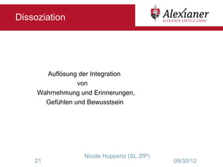 Dissoziation



    Dissoziation
         Auflösung der Integration
                  von
     Wahrnehmung und Erinnerungen,
        Gefühlen und Bewusstsein




                   Nicole Huppertz (SL ZfP)
    21                                        09/30/12
 