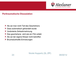 Peritraumatische Dissoziation




  Als sei man nicht Teil des Geschehens
  Dass automatisch gehandelt wurde
  Veränderte Zeitwahrnehmung
  Das geschehene wird wie ein Film erlebt
  Als sei der eigene Körper nicht betroffen
  Bruchstückhafte Erinnerungen




                             Nicole Huppertz (SL ZfP)
         23                                             09/30/12
 
